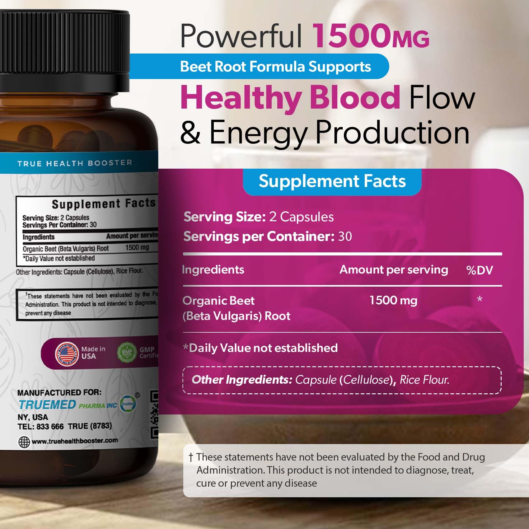 TrueMed beetroot capsules pouring bottle demonstrates easy daily use
