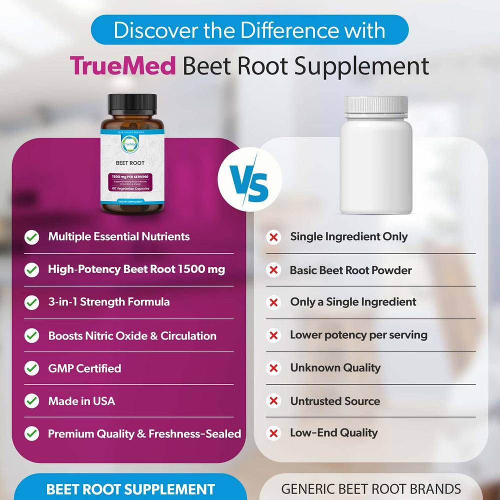 TrueMed beetroot capsules vegan non-GMO icon highlights plant-based option