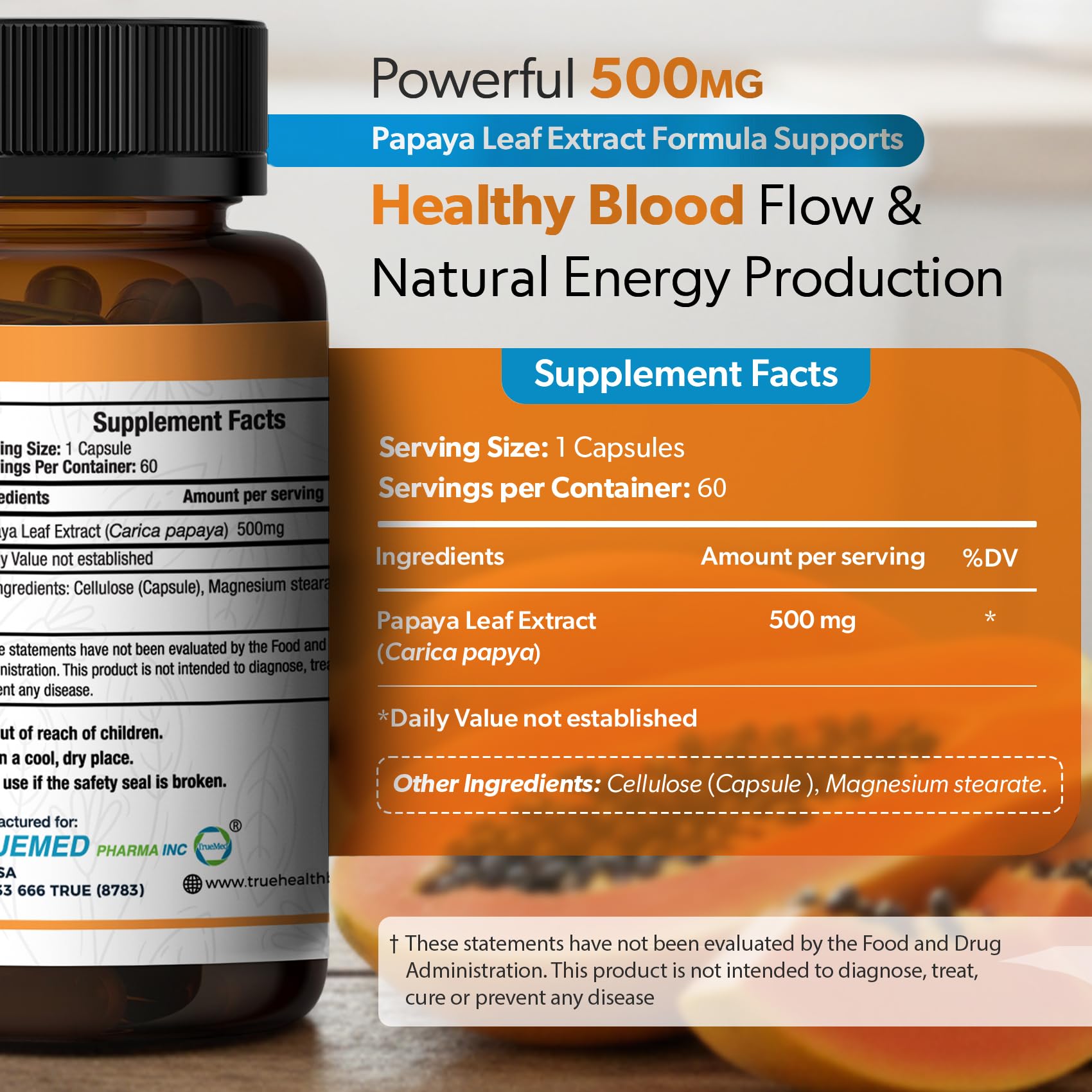 TRUEMED papaya leaf extract bottle front shot for convenient daily use.