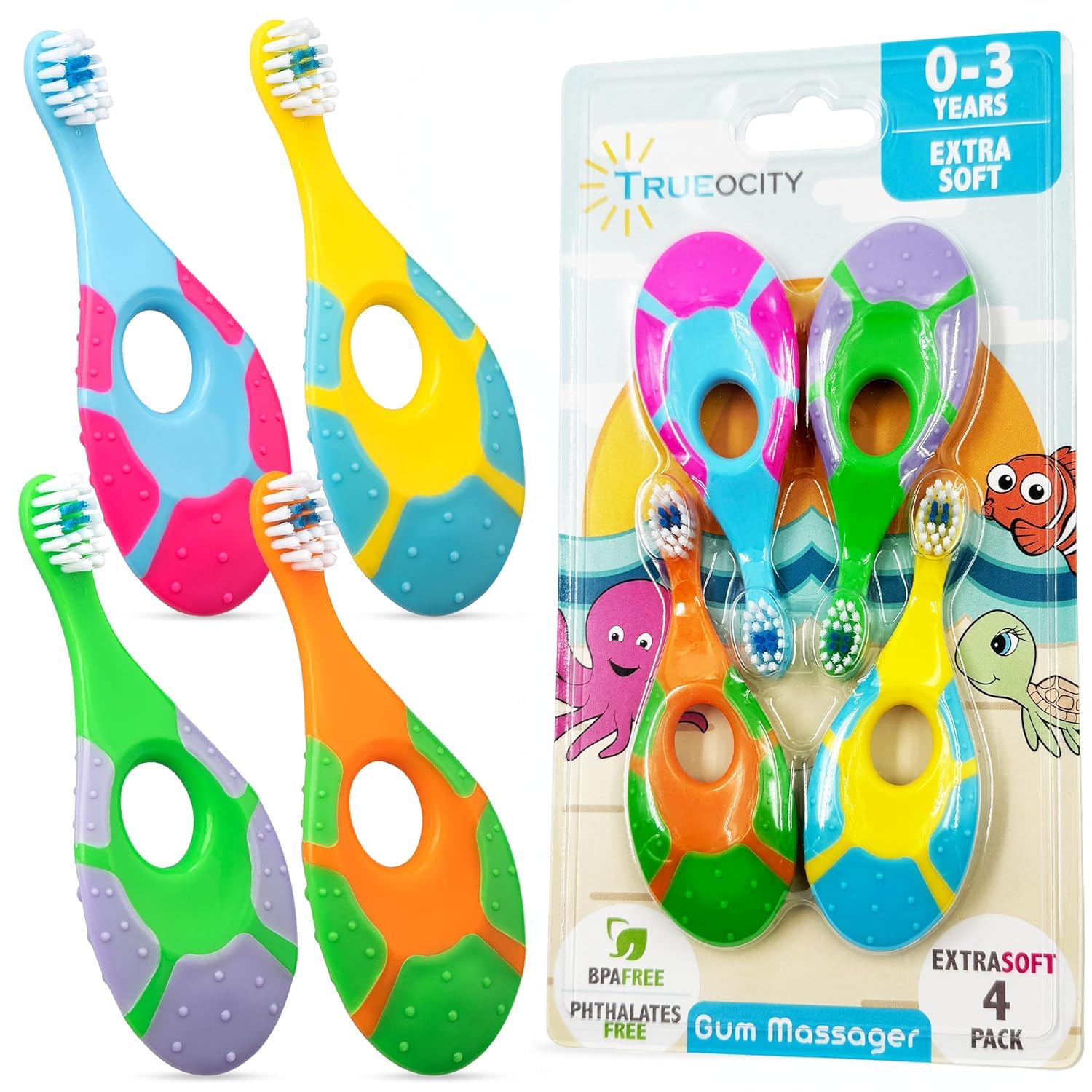 Trueocity baby toothbrush with soft bristles, gentle for first teeth and sensitive gums.