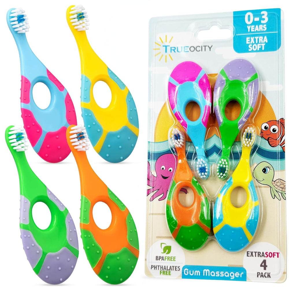 Trueocity baby toothbrush with soft bristles, gentle for first teeth and sensitive gums.