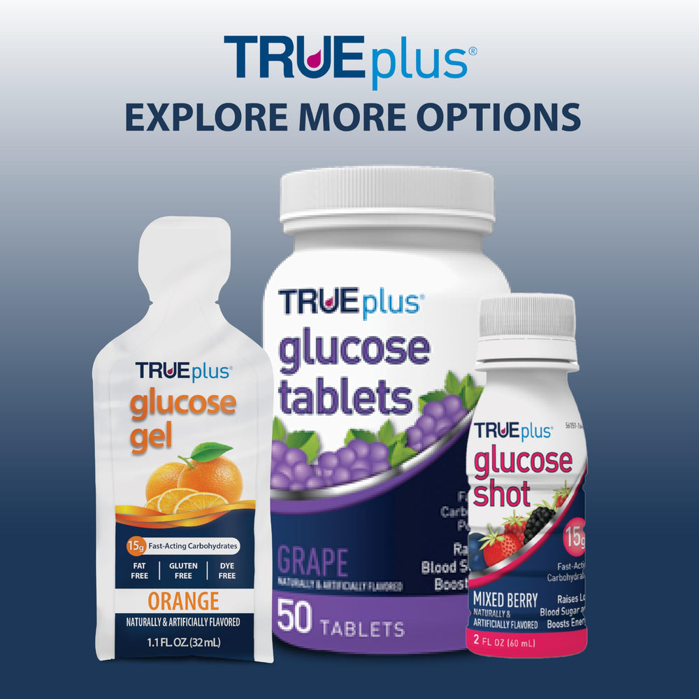 TRUEplus six-pack packaging of glucose gel for daily energy support.
