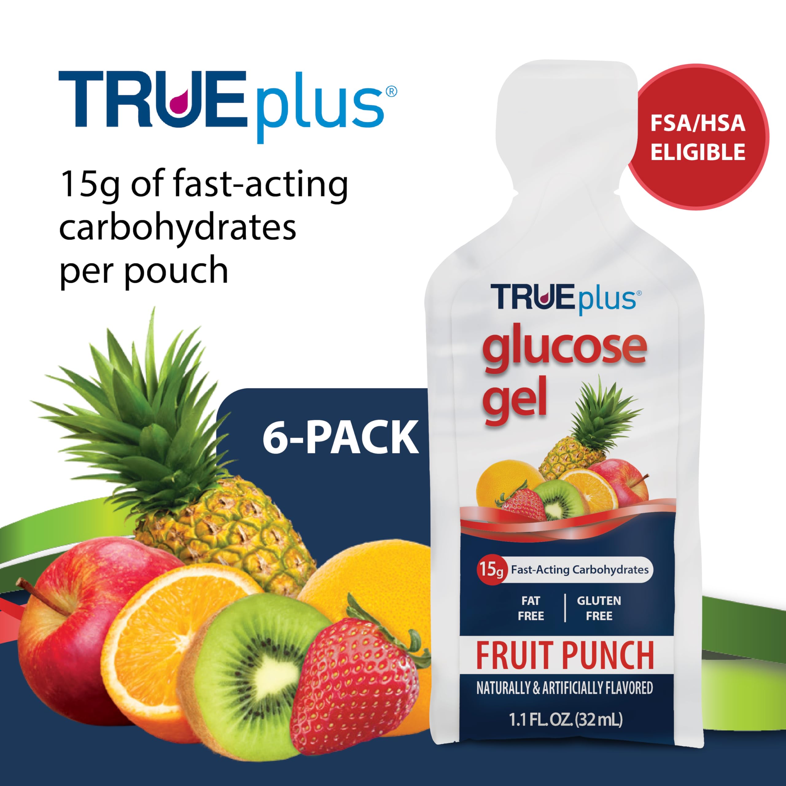 TRUEplus glucose gel pouch opened to reveal squeezable fruit punch gel.