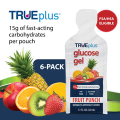 TRUEplus glucose gel pouch opened to reveal squeezable fruit punch gel.