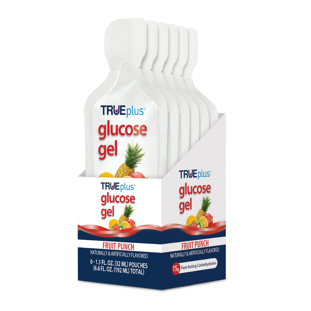 TRUEplus glucose gel pouch in fruit punch flavor for on-the-go energy.