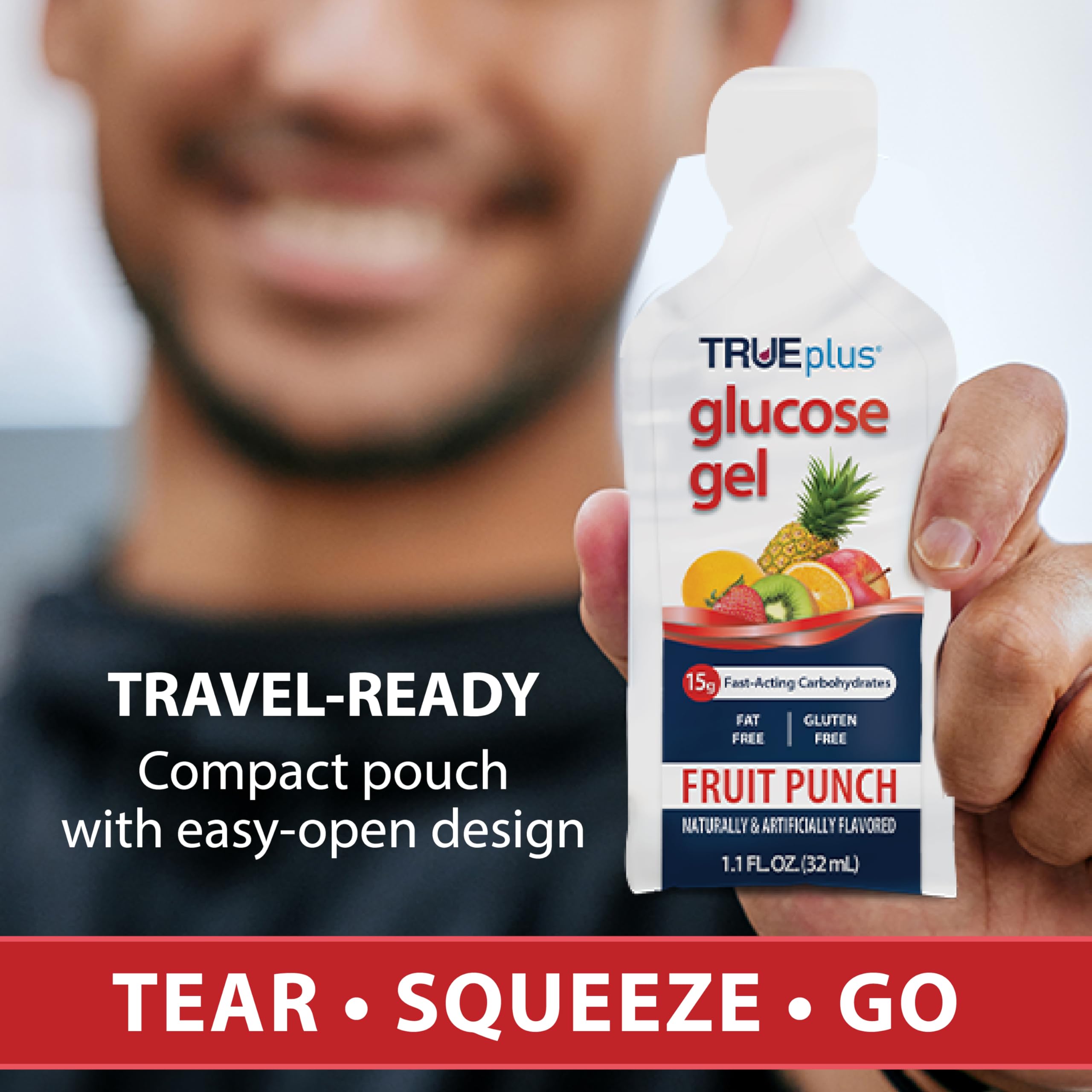 TRUEplus travel-friendly glucose gel pouch shown in a bag for hikers and runners.