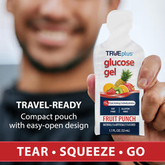 TRUEplus travel-friendly glucose gel pouch shown in a bag for hikers and runners.