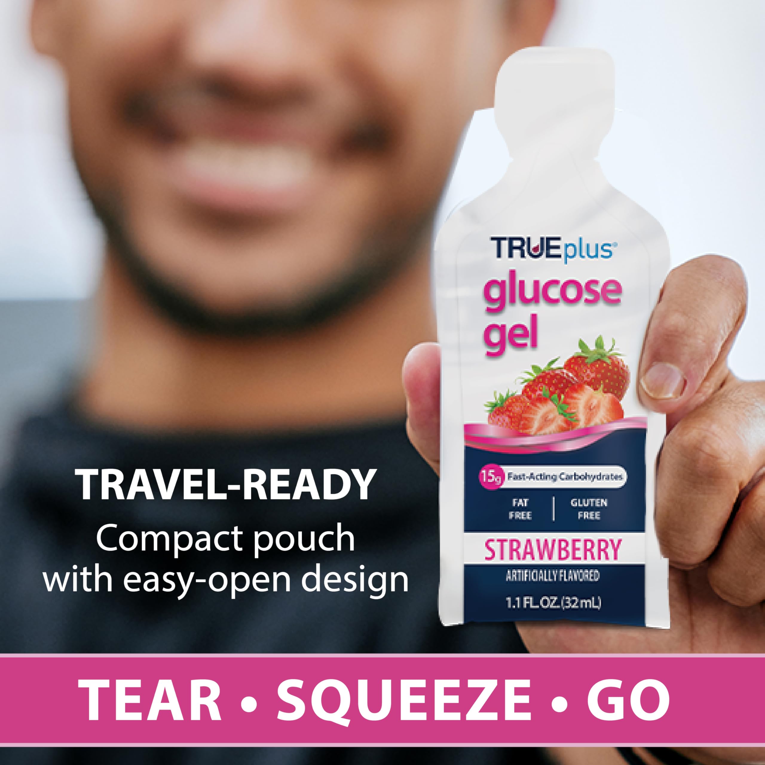 TRUEplus travel-friendly glucose gel with tear-open design for easy access.