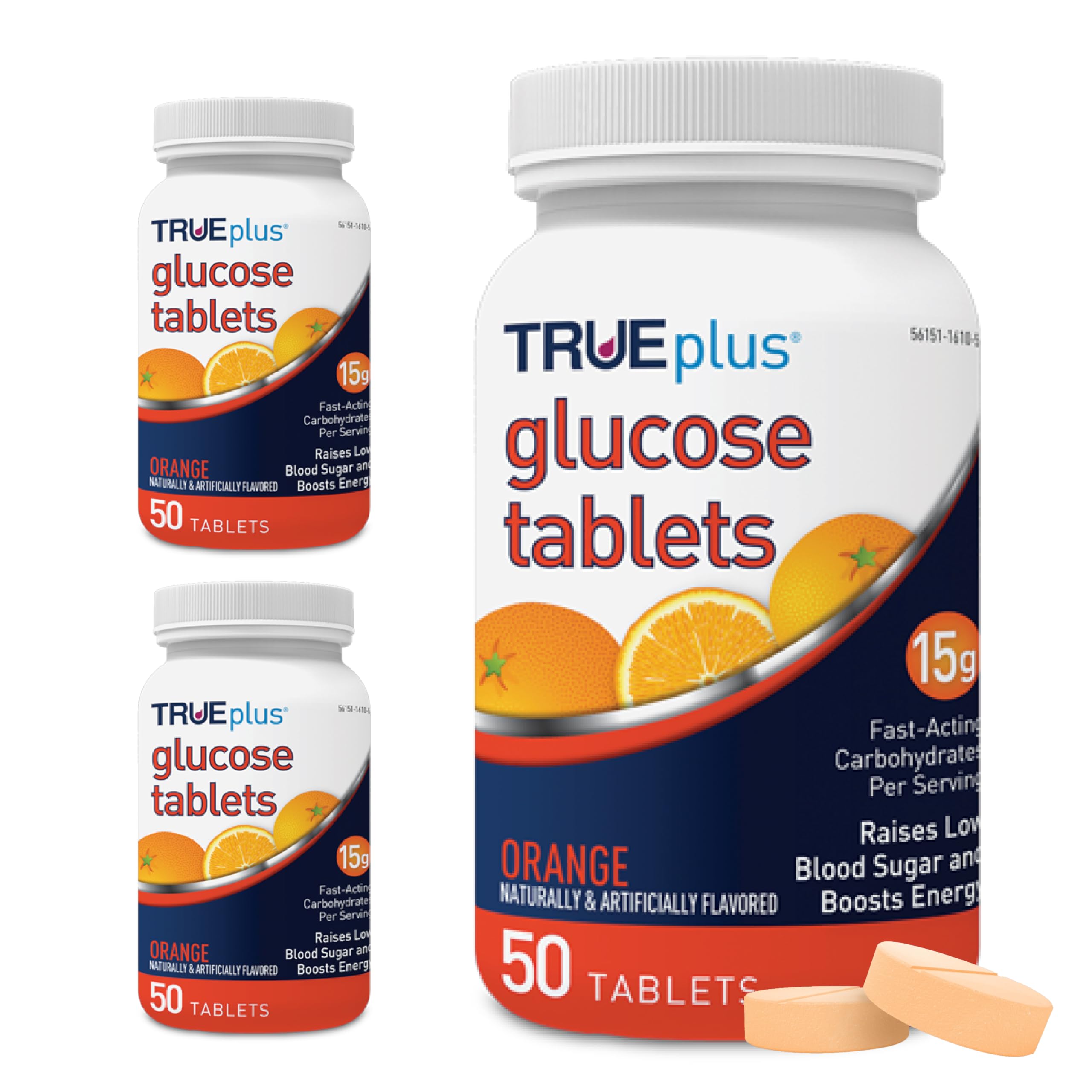 TRUEplus glucose tablets orange bottle front showing quick energy access