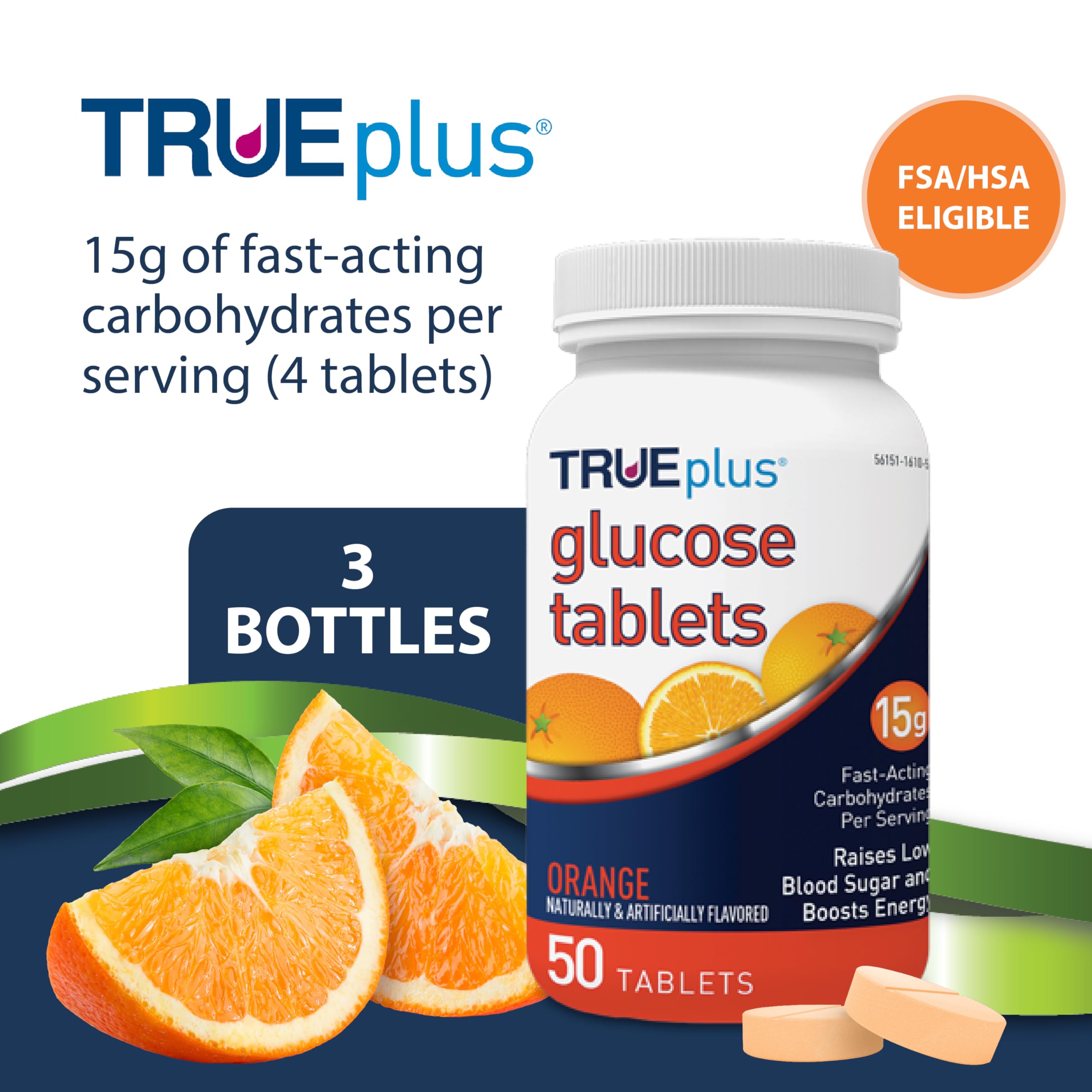 TRUEplus glucose tablets orange bottle side view highlighting portability for on-the-go use