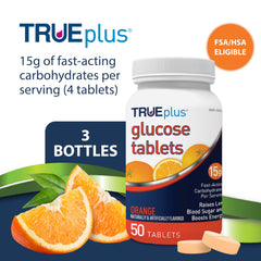 TRUEplus glucose tablets orange bottle side view highlighting portability for on-the-go use