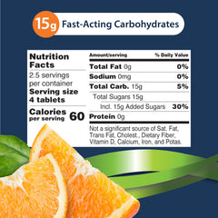 TRUEplus glucose tablets orange flavor in travel-friendly packaging
