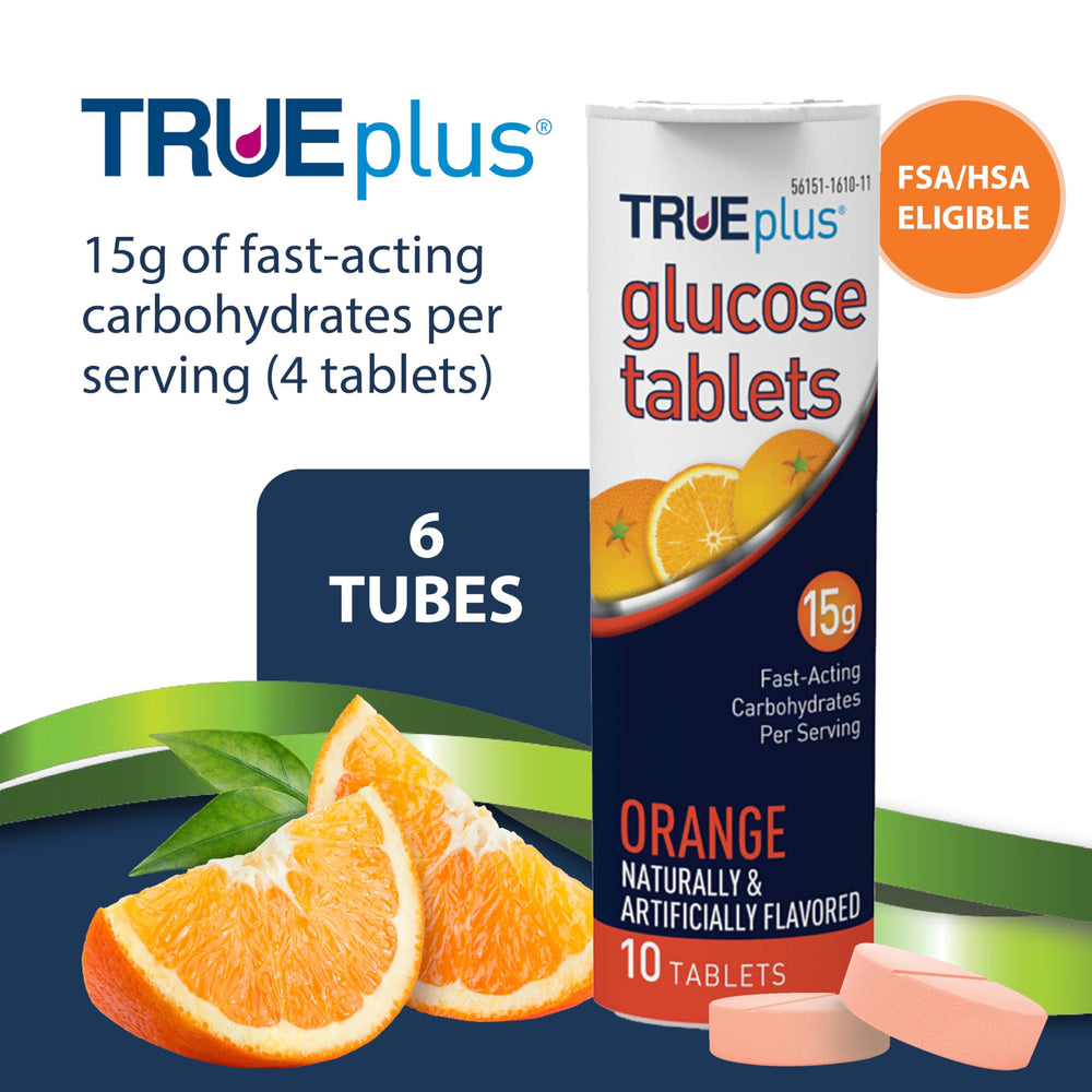 TRUEplus orange flavor glucose tablets arranged as chewable energy chews