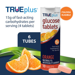 TRUEplus orange flavor glucose tablets arranged as chewable energy chews