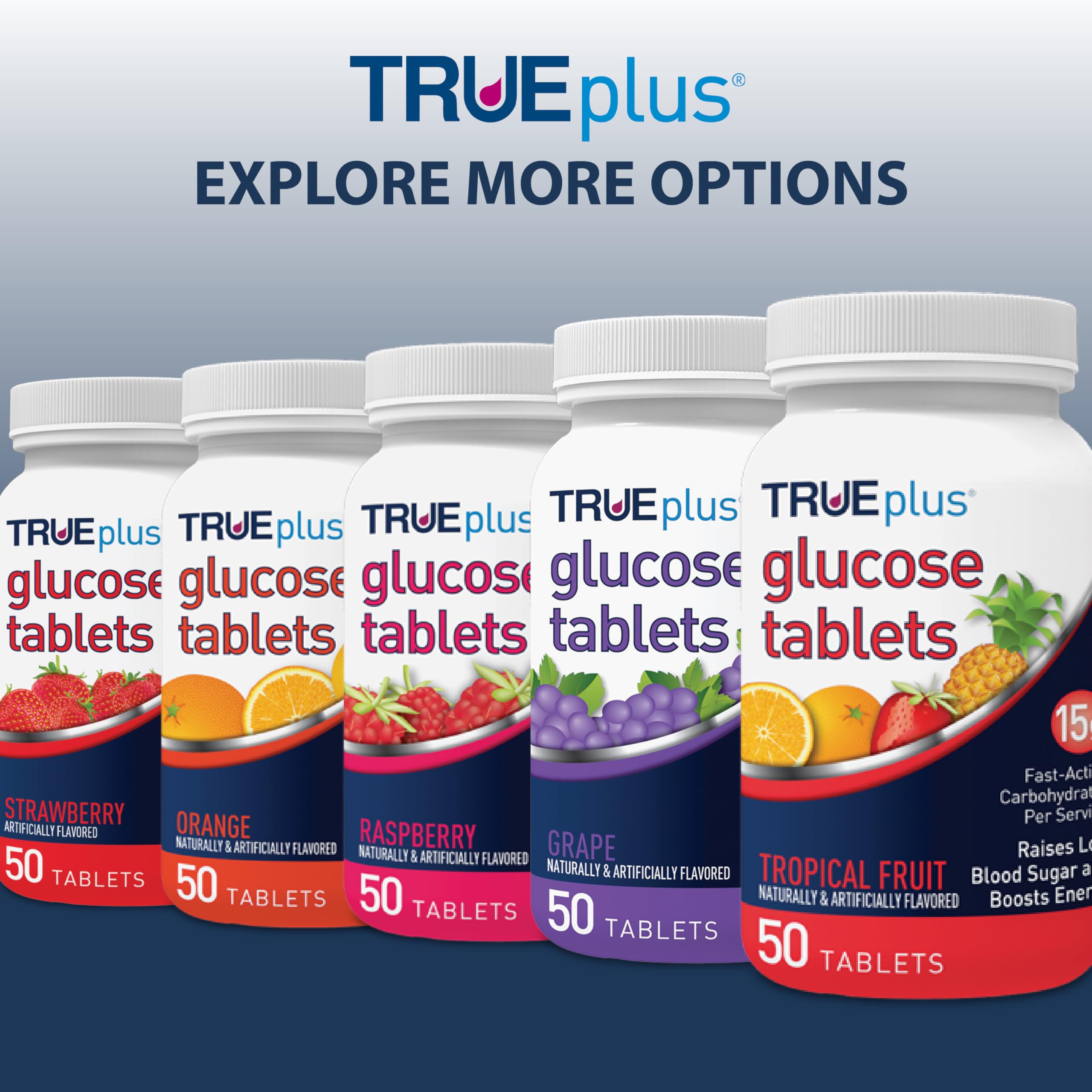 TRUEplus triple-bottle pack displaying three 50-count containers