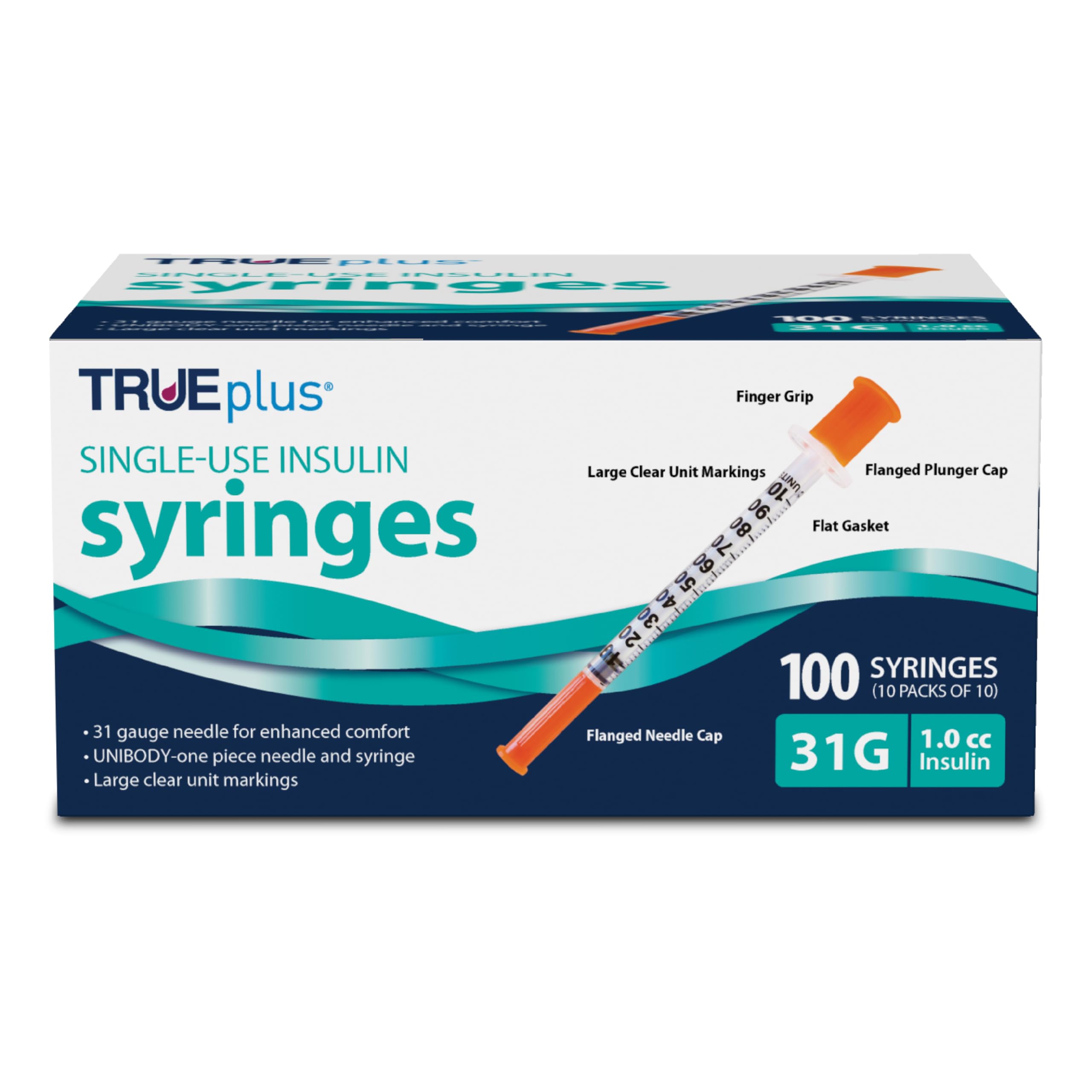 TRUEplus insulin syringe with 31G 1.0cc barrel shows precise measurements for accurate dosing.