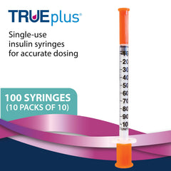 TRUEplus syringe needle cap shown on a sterile syringe for safe handling.