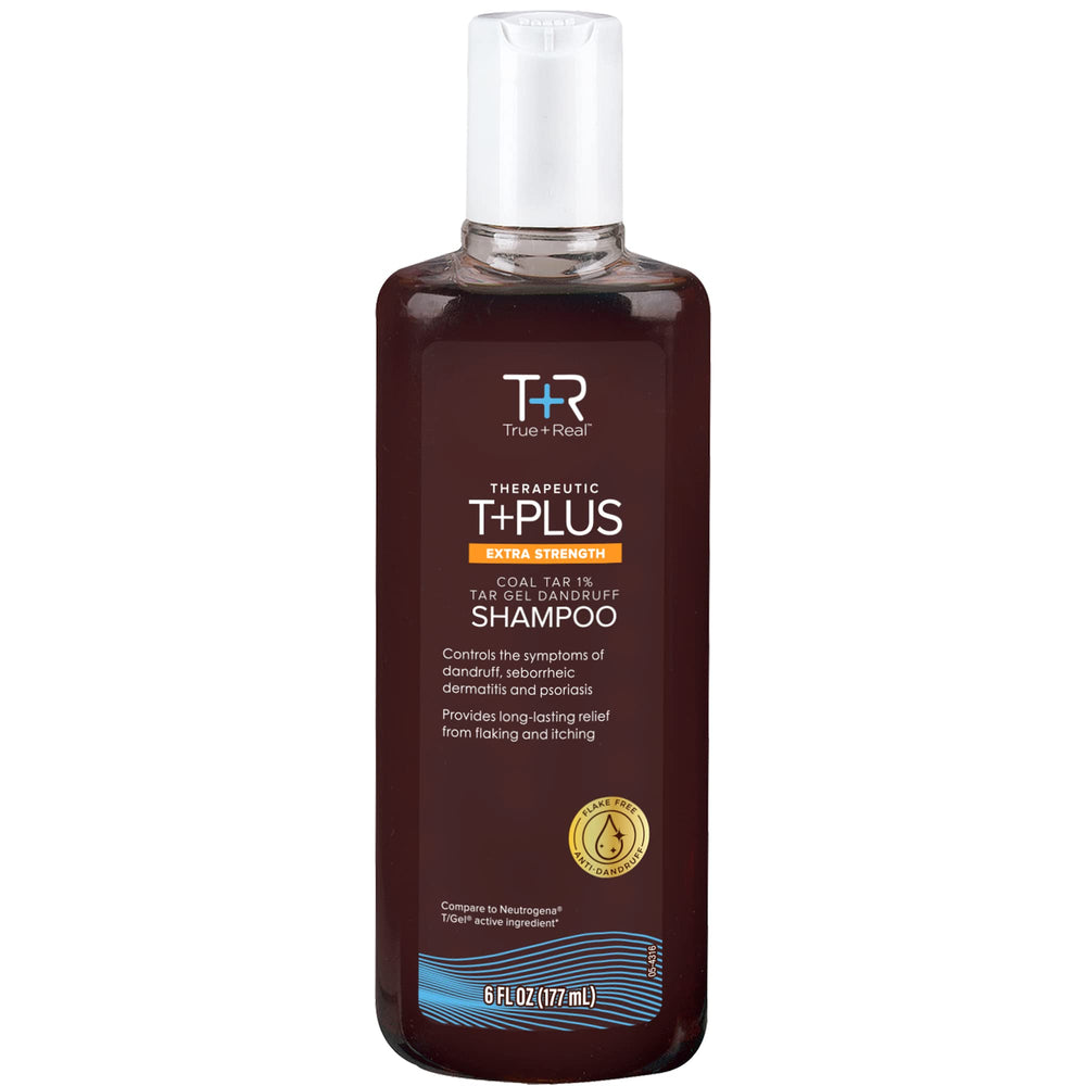 True+Real coal tar therapeutic tar gel bottle front supports scalp care for flakes.