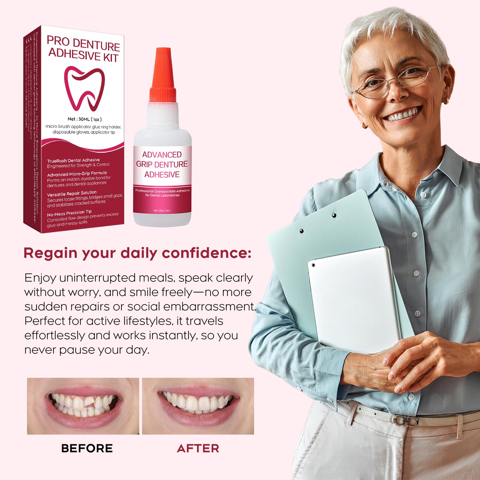 TrueRush easy-clean-residue-removal allows warm-water cleanup without denture damage