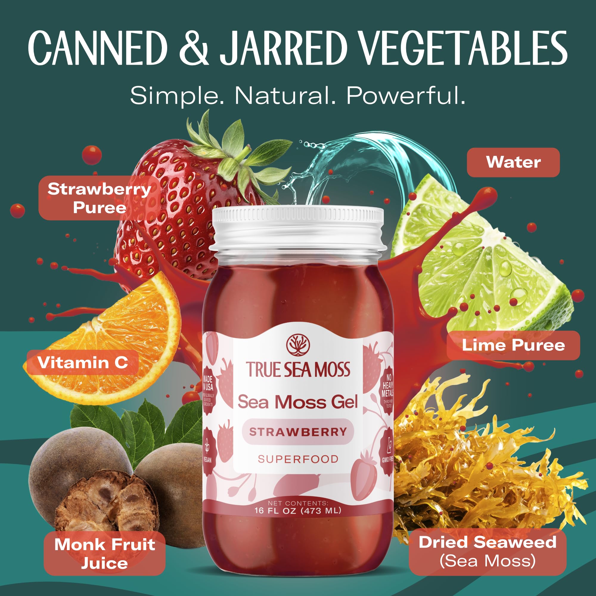 TrueSeaMoss USA-made label emphasizing quality and global sourcing.
