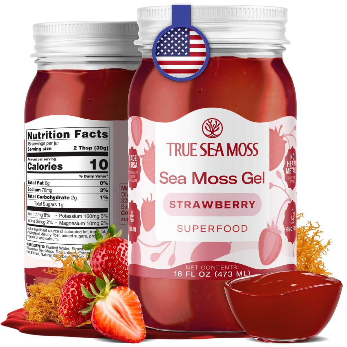 TrueSeaMoss strawberry gel jar showing smooth texture and natural flavor.