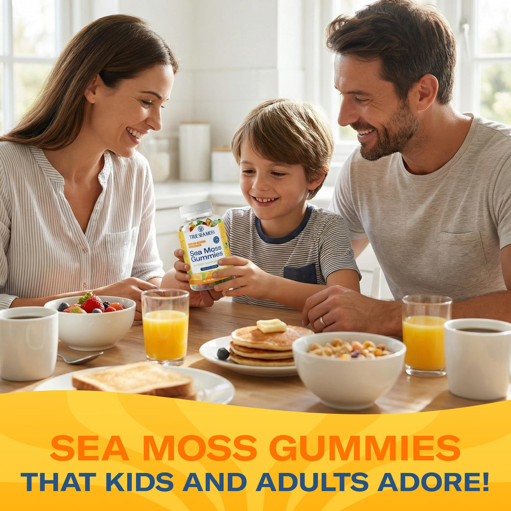 TrueSeaMoss gummies beside a glass of juice highlights fruity flavor