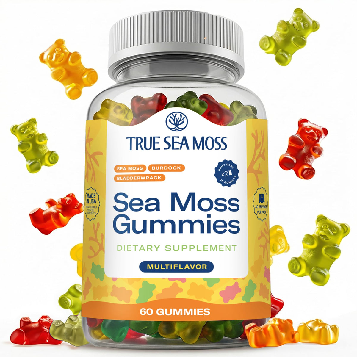 TrueSeaMoss Irish Sea Moss Gummies bottle on white background, convenient daily supplement