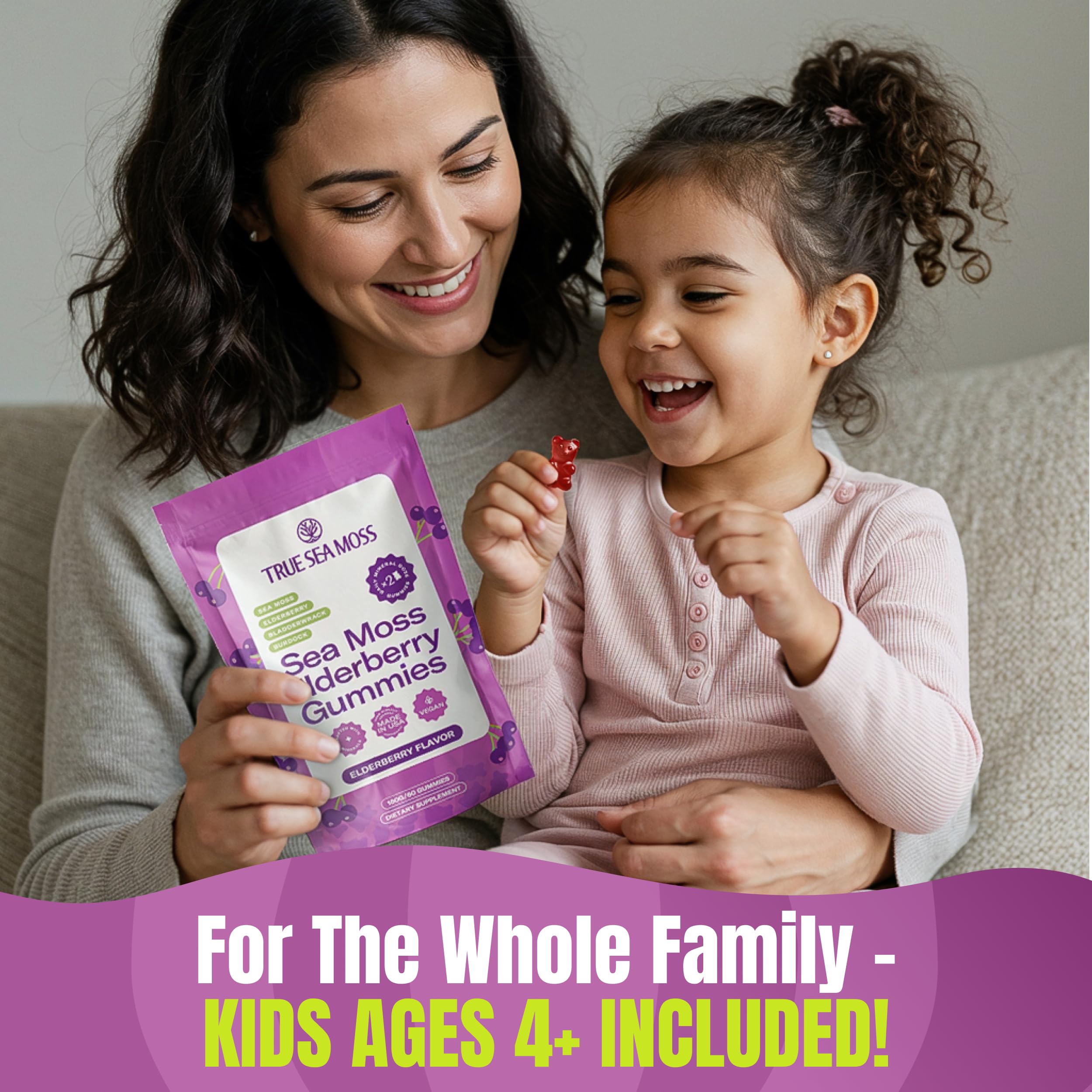 TrueSeaMoss family-friendly use with adults and kids enjoying gummies.