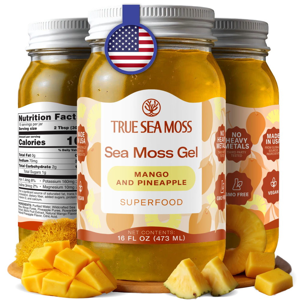 TrueSeaMoss sea moss gel bottle with mango-pineapple flavor, ready for daily use