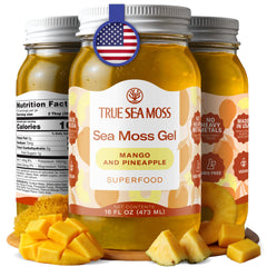 TrueSeaMoss sea moss gel bottle with mango-pineapple flavor, ready for daily use