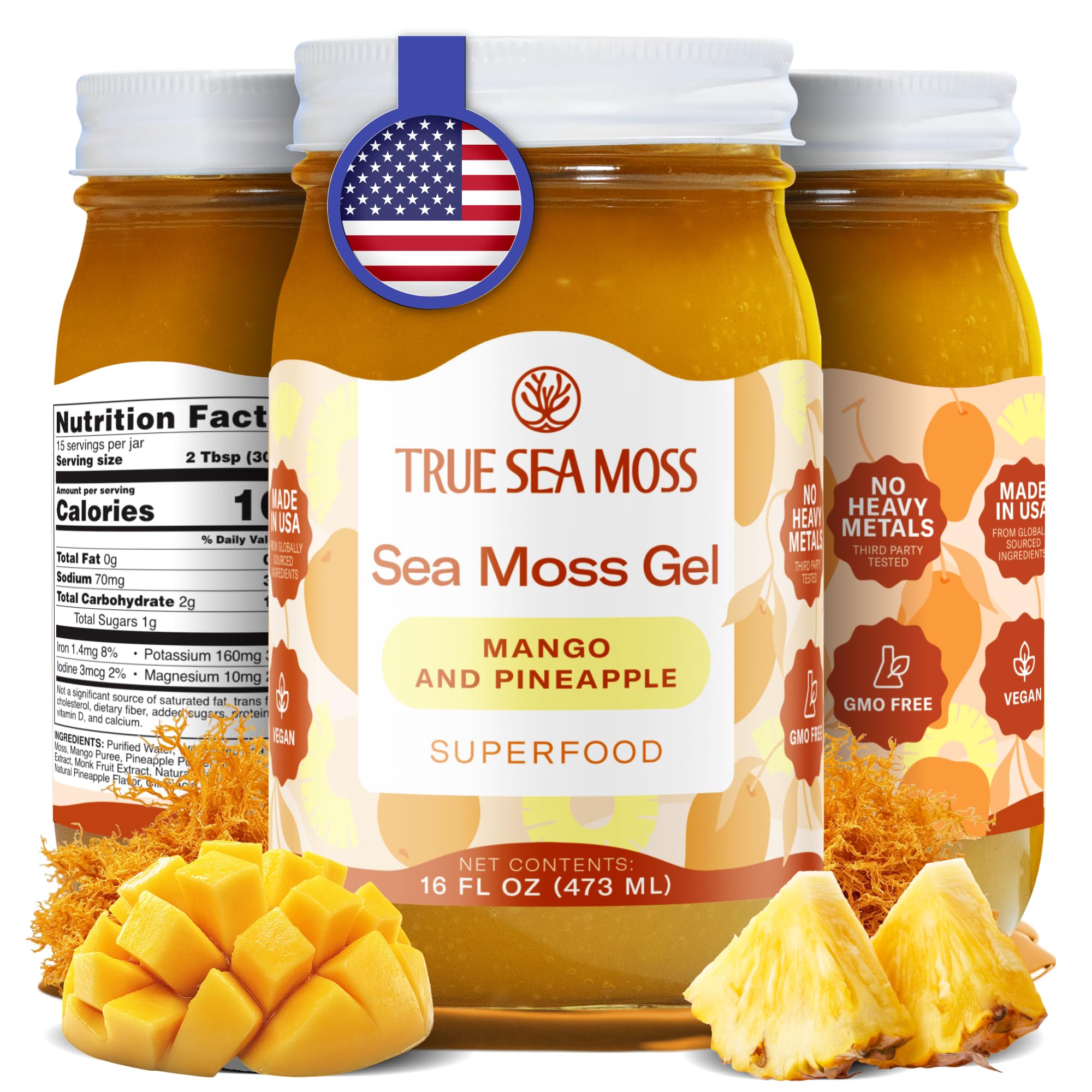 TrueSeaMoss mango-pineapple gel jar for smoothies and daily use.