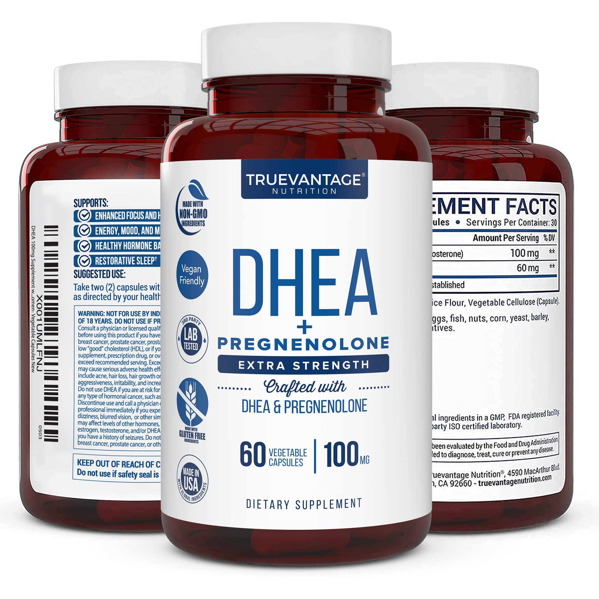 Ingredient list shows DHEA 100mg and Pregnenolone 60mg in vegan capsules.