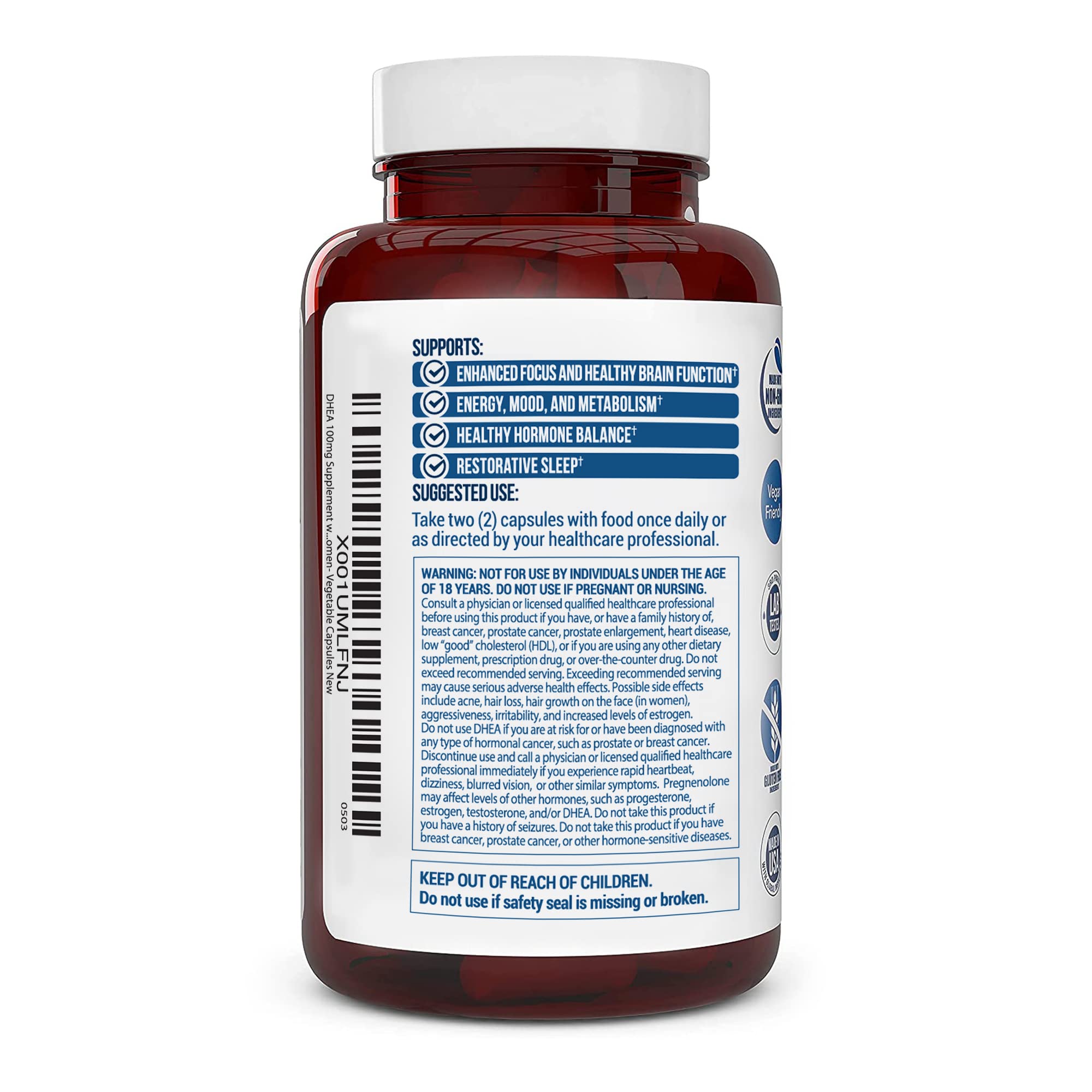 Serving size depiction with 30-day supply and veggie capsules.