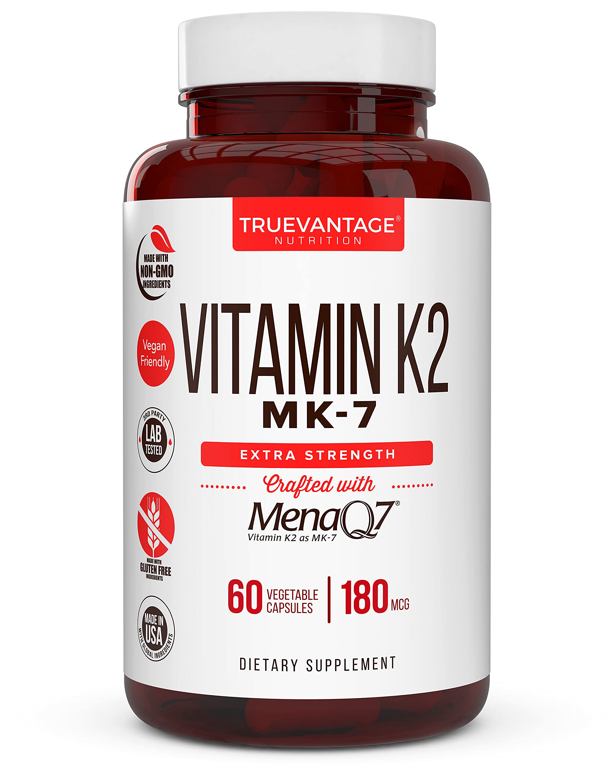 Truevantage Vitamin K2 MK7 180mcg bottle with label supporting heart and bone health