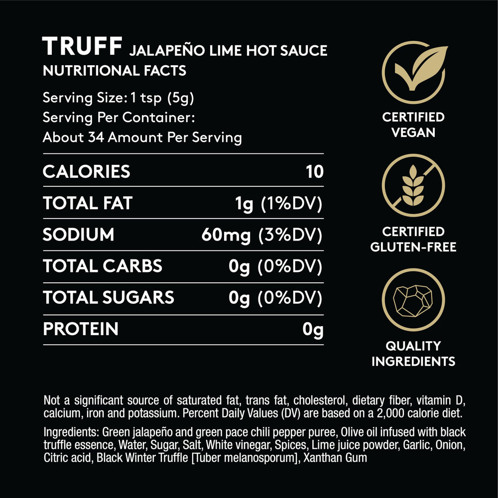 TRUFF Jalapeño Lime Hot Sauce ingredients close-up with truffles and peppers.