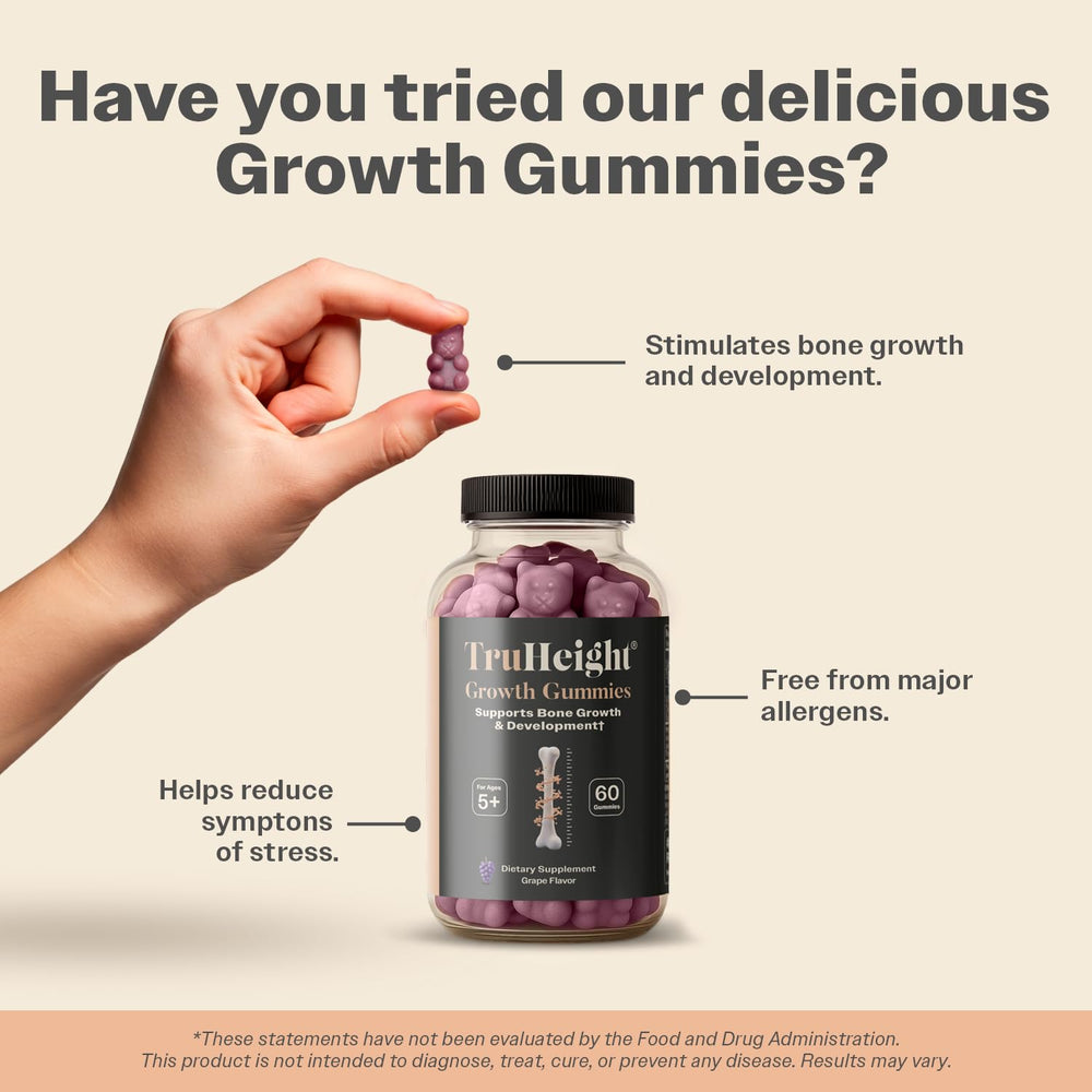TruHeight Growth Gummies ingredients panel featuring calcium and ash­wagandha blend