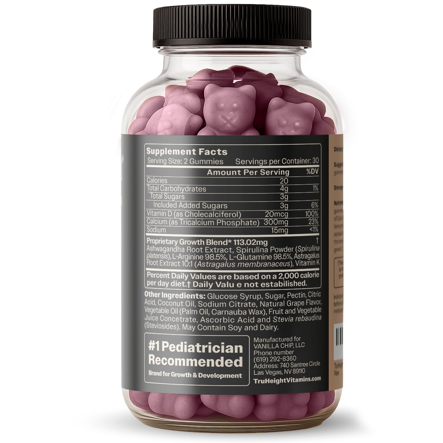 TruHeight Growth Gummies open bottle showing bright grape-chewables for daily use