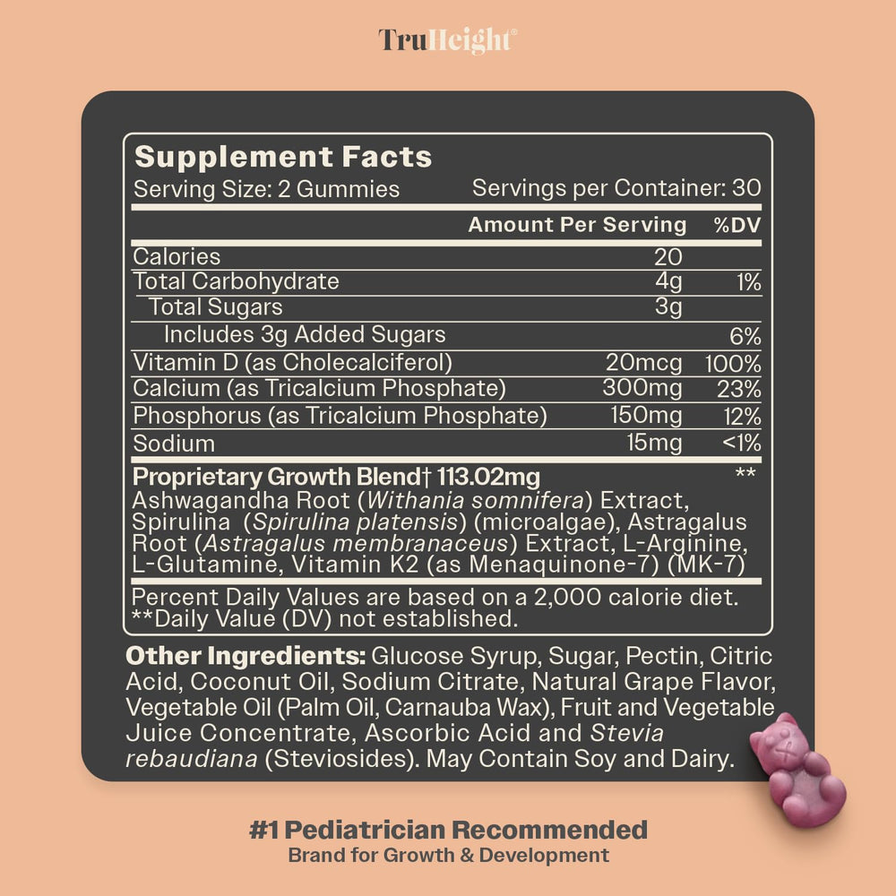 TruHeight Growth Gummies grape flavor and packaging highlighting quality