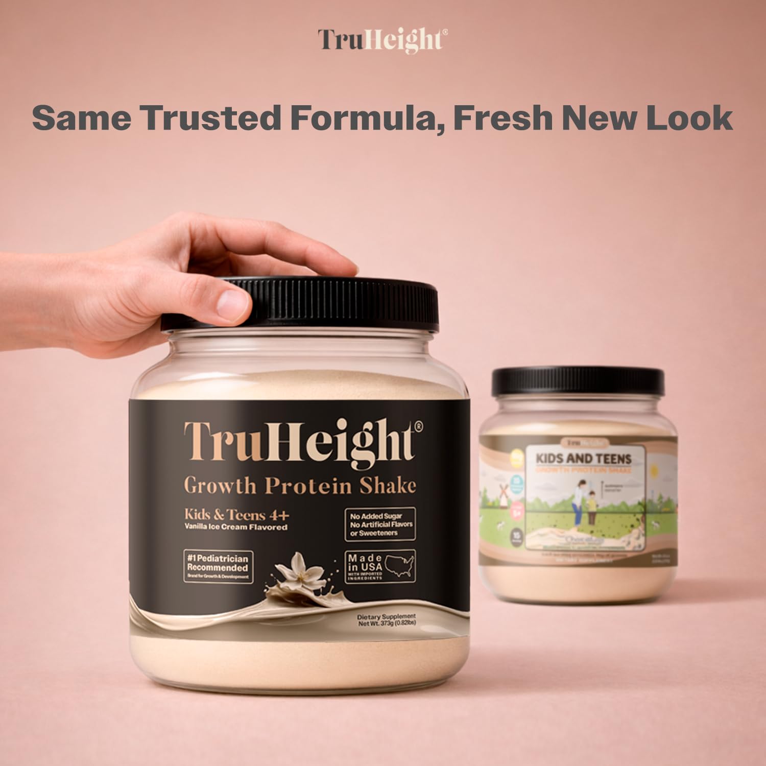 TruHeight Growth Protein Shake chocolate flavor, balanced minerals.