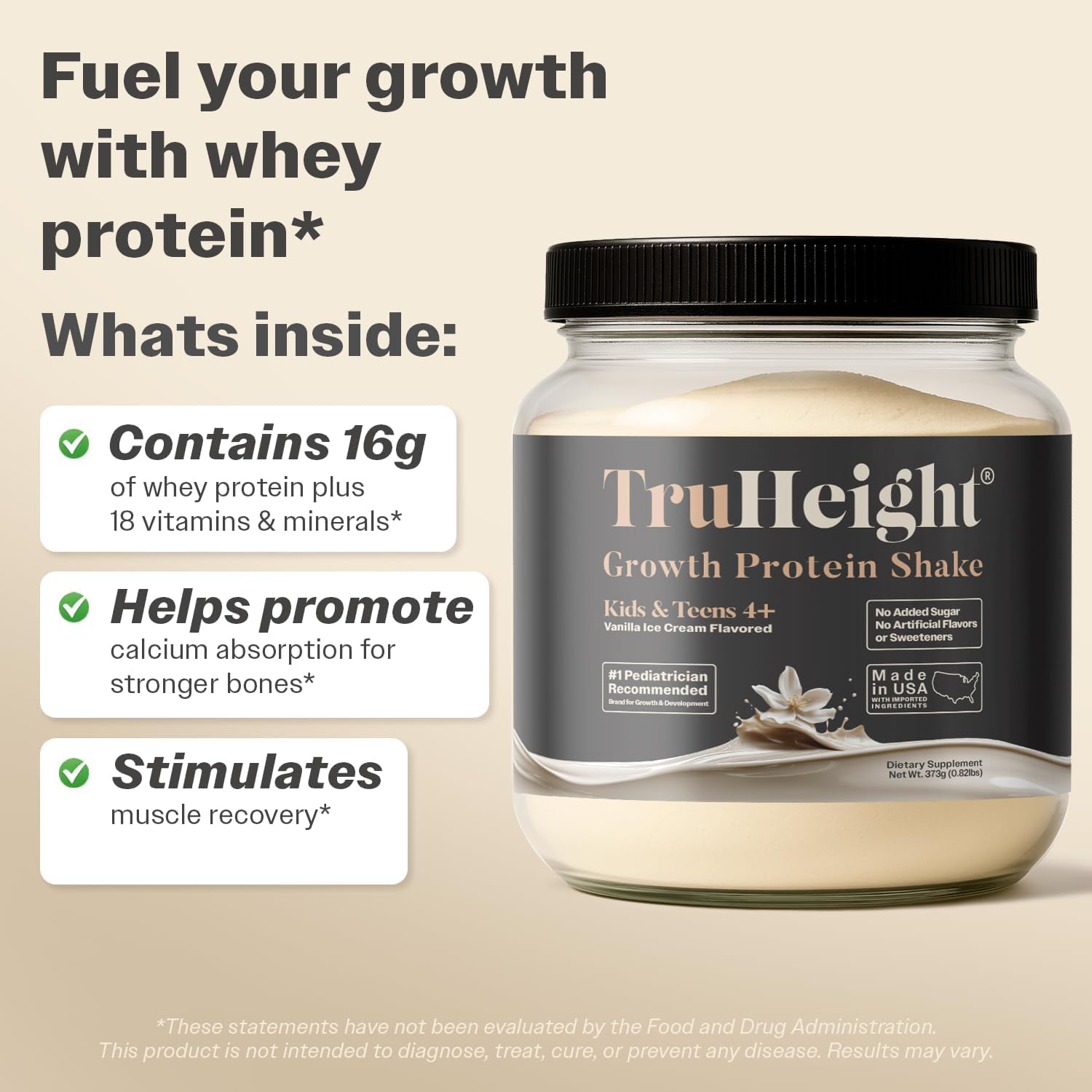 TruHeight protein scoop and powder visual for nutrition facts.