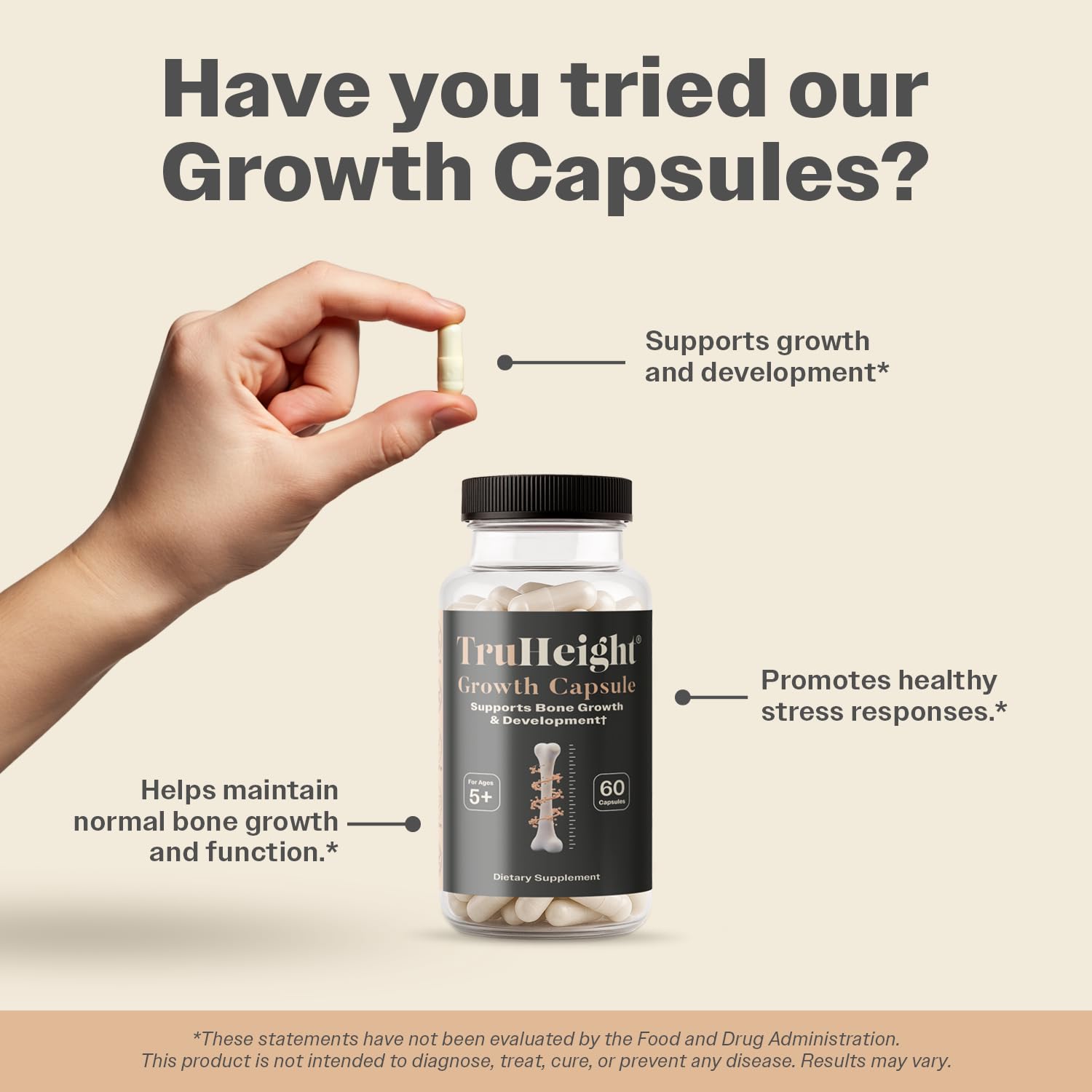 TruHeight calcium vitamin D3 K2 packaging emphasizing absorption.
