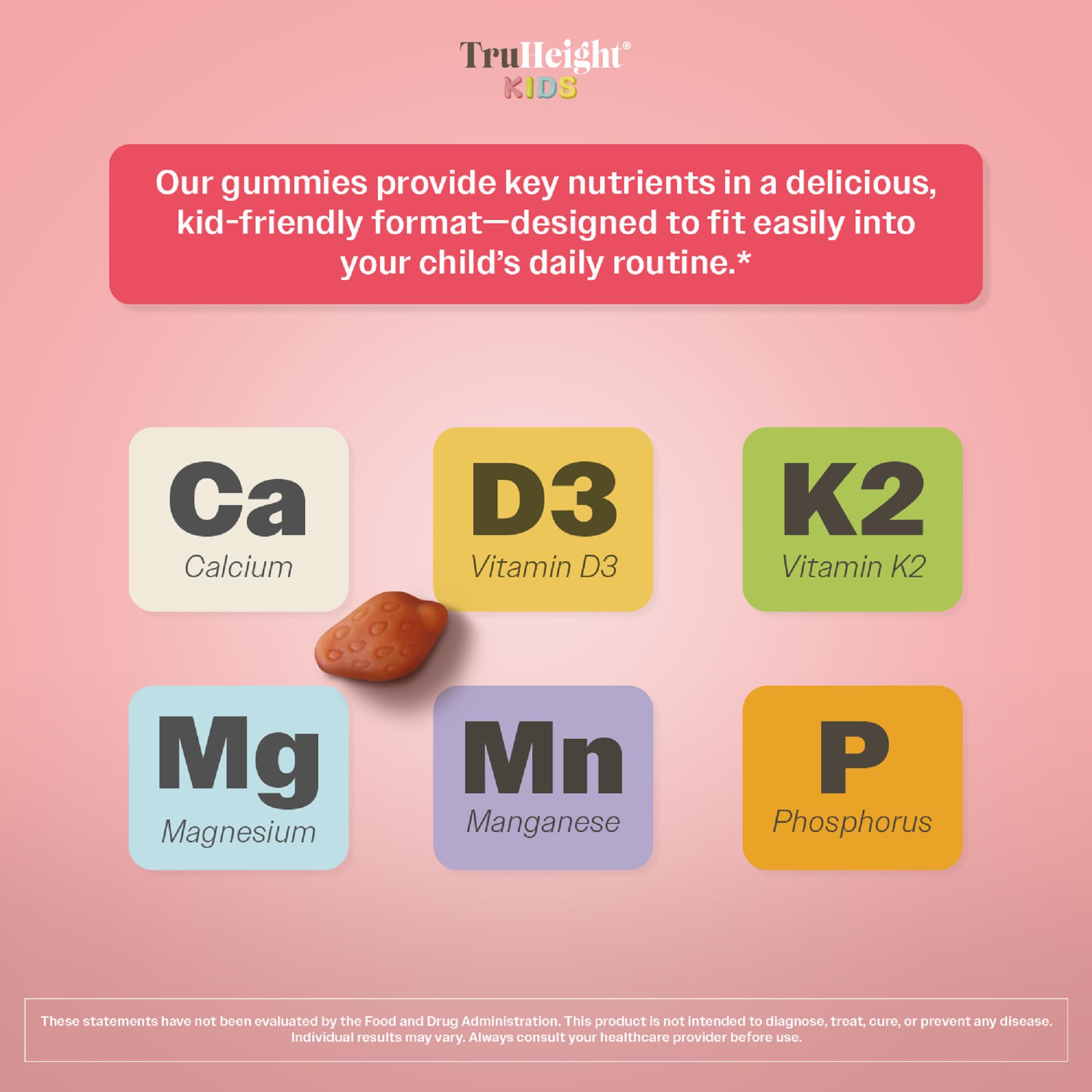 TruHeight bottle label closeup communicates calcium and vitamin D3 K2 blend for bone health.