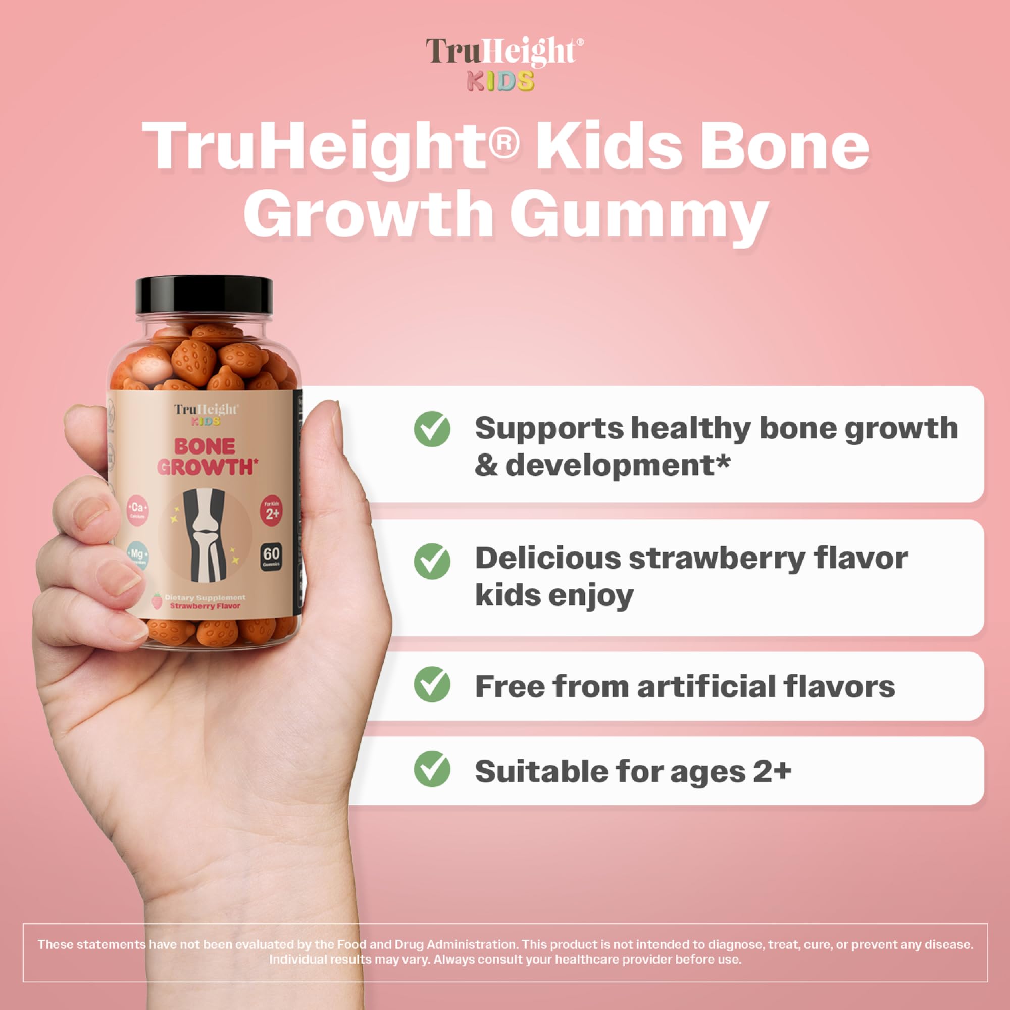 Closeup of TruHeight gummies shows strawberry flavor and easy daily consumption for toddlers.
