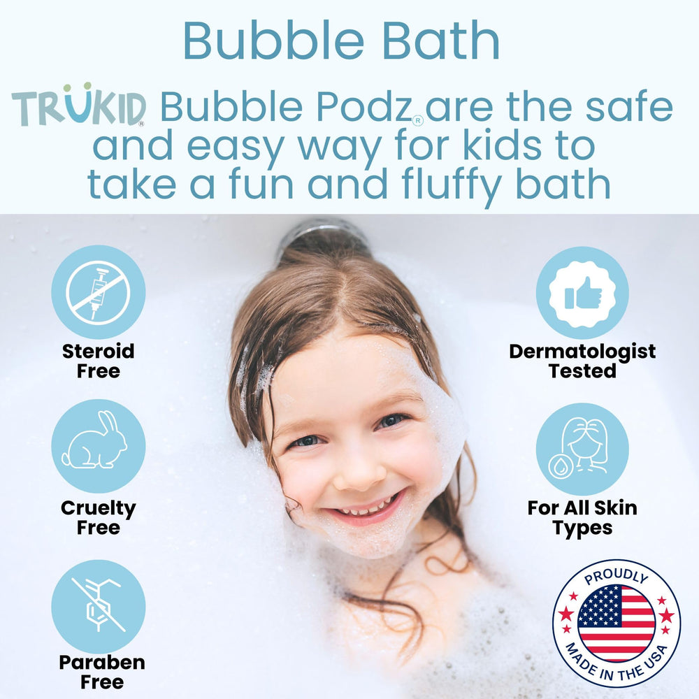 TruKid Bubble Podz close-up shows rich, fluffy bath foam.