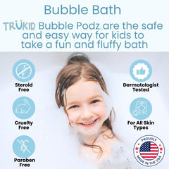 TruKid Bubble Podz close-up shows rich, fluffy bath foam.