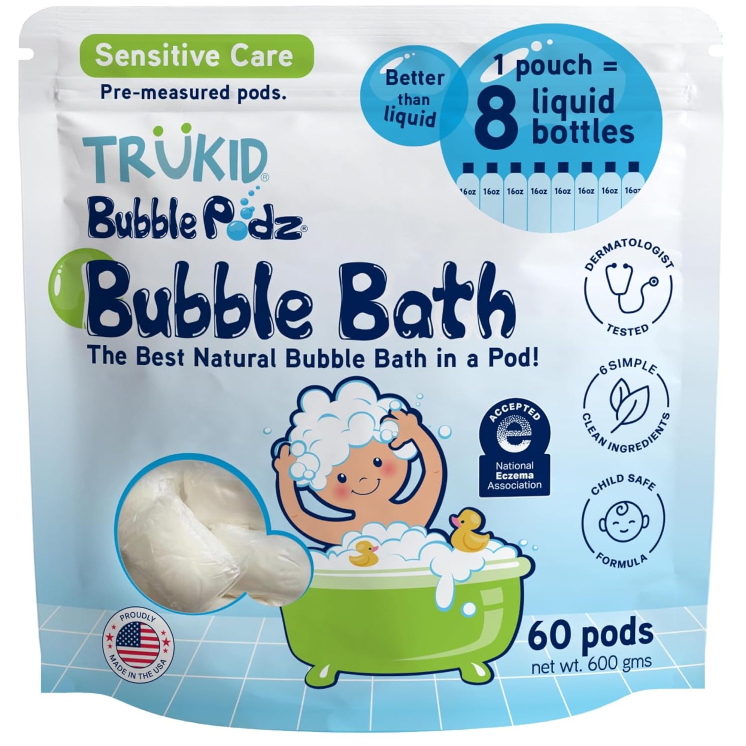 TruKid Bubble Podz bubble bath in tub provides gentle, kid-friendly bubbles.