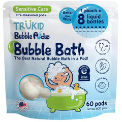 TruKid Bubble Podz bubble bath in tub provides gentle, kid-friendly bubbles.