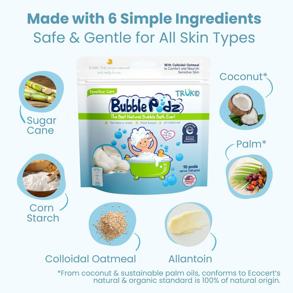 TruKid Bubble Podz colloidal oatmeal blend to soothe skin during bath.