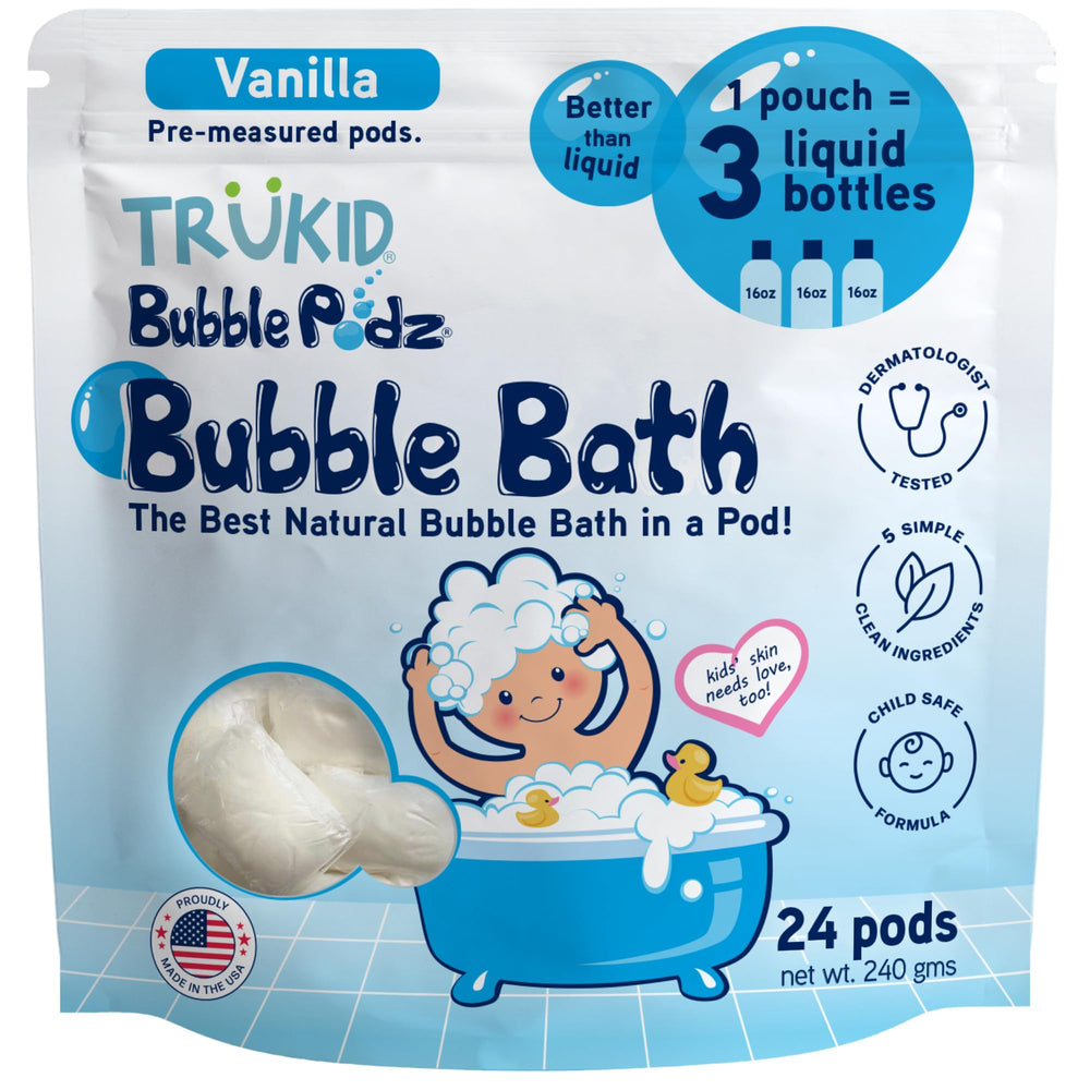 TruKid Bubble Podz dissolving in water to create gentle bubbles.