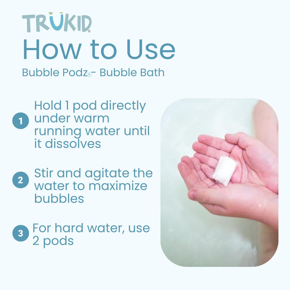 TruKid Bubble Podz dissolving pod releasing rich lather in running water.
